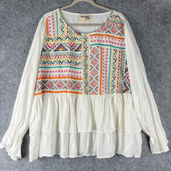 Savanna Jane Tops - Savanna Jane Embroidered Top Womens 3X Geometric Tiered Boho Peasant Aztec NEW